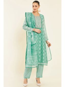 Soch - Women Green Chanderi Floral Unstitched Dress Material (Set of 3)