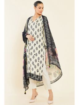 Soch - Cream Muslin Floral Printed And Embroidered Unstitched Dress Material With Black Printed Dupatta - 3 Meter Kurta Fabric