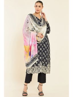 Soch - Black Muslin Floral Printed And Embroidered Unstitched Dress Material With Multicolour Printed Dupatta - 3 Meter Kurta Fabric