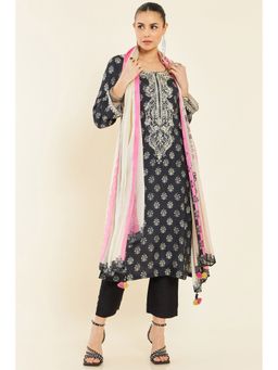 Soch - Black Muslin Floral Printed And Embroidered Unstitched Dress Material With Cream Printed Dupatta - 3 Meter Kurta Fabric