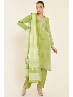 Soch - Women Olive Organza Geometric Unstitched Dress Material (Set of 3)