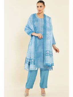 Soch - Women Blue Organza Geometric Unstitched Dress Material (Set of 3)