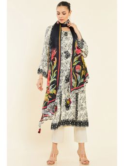 Soch - Cream Muslin Floral Printed And Embroidered Unstitched Dress Material With Black Floral Printed Dupatta - 3 Meter Kurta Fabric