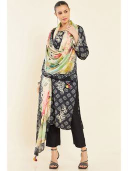 Soch - Black Muslin Floral Printed And Embroidered Unstitched Dress Material With Multicolour Floral Printed Dupatta - 3 Meter Kurta Fabric