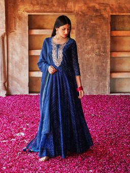 Karaj Jaipur - Navy Blue Anarkali (Set of 3)