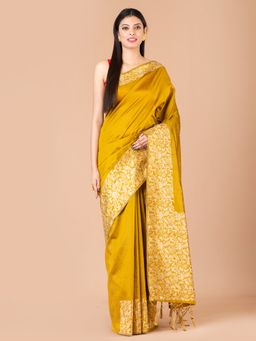 LAA CALCUTTA - Mustard & Off White Silk Banarasi Saree with Unstitched Blouse