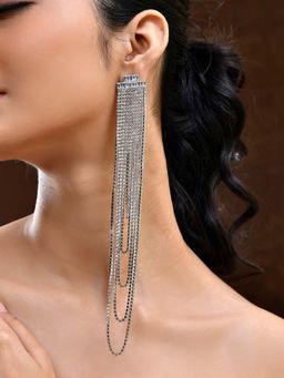 Voylla - Timeless Sparkle Crystal Rain Multi-Layer Silver Rhinestone Earrings