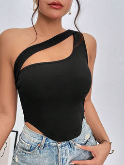 Outzidr - Black One Shoulder Cut-Out Detail Crop Top