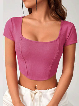 Outzidr - Pink Short Sleeve Corset Top