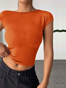 Outzidr - Orange Short Sleeve Back Cut Detail Top