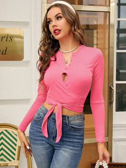 Outzidr - Pink Full Sleeve Wrap Crop Top