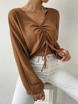 Outzidr - Brown Full Sleeve Front Ruched Crop Top