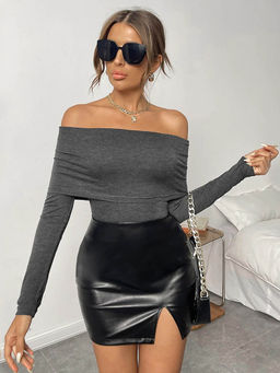 Outzidr - Grey Full Sleeve Off Shoulder Top