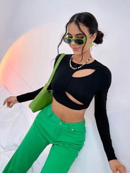 Outzidr - Black Full Sleeve Cut-Out Detail Crop Top