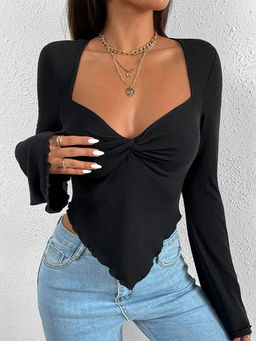 Outzidr - Black Bell Sleeve Asymmetrical Hem Crop Top