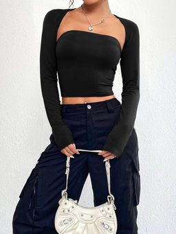 Outzidr - Black Sweetheart Neckline Crop Top