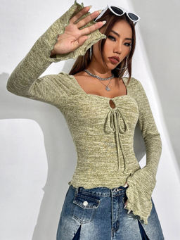 Outzidr - Green Flutter Sleeve Full Sleeve Top