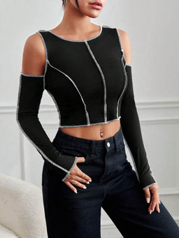 Outzidr - Black Contrast Seam Cold Shoulder Crop Top