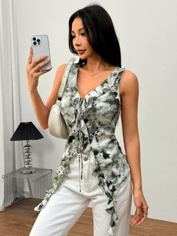 Outzidr - Grey Ruffle Hem Sleeveless Top