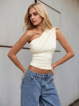 Outzidr - Cream One Shoulder Crop Top