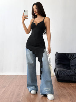 Outzidr - Black Shoulder Strap Metal Attached Asymmetrical Top