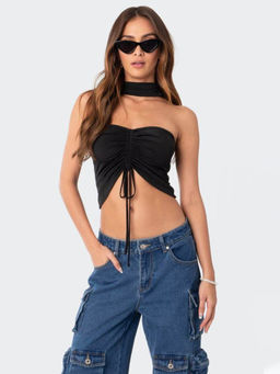 Outzidr - Black Front Ruched Crop Top