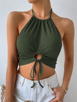 Outzidr - Green Halter Neck Back And Front Tie-Up Crop Top