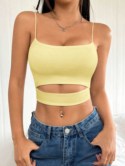 Outzidr - Yellow Spaghetti Strap Cutout Detail Crop Top