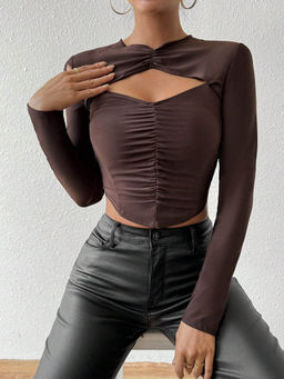 Outzidr - Brown Full Sleeve Neck Cut-Out Detail Crop Top