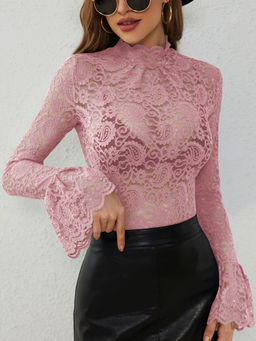 Outzidr - Pink Bell Sleeve Mesh High Neck Top