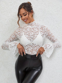 Outzidr - White Bell Sleeve Mesh High Neck Top