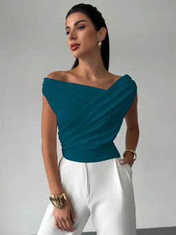 Outzidr - Teal One Shoulder Wrap Top