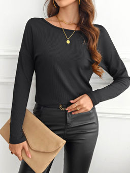 Outzidr - Black Full Sleeve Back Butterfly Mesh Top