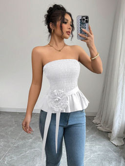 Outzidr - White Strapless Smocked Top
