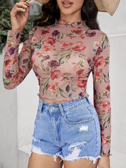Outzidr - Nude Floral Printed Full Sleeve Semi Sheer Crop Top