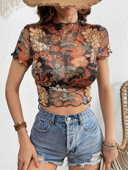 Outzidr - Multi-Colour Floral Print Semi Sheer Crop Top