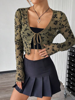 Outzidr - Olive Printed Full Sleeve Tie-Up Crop Top