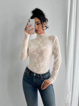 Outzidr - White Full Sleeve High Neck Top