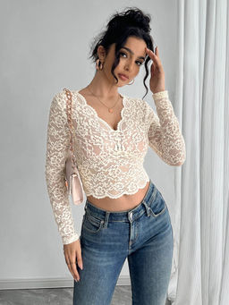 Outzidr - Cream Full Sleeve Scallop Hem Crop Top