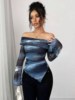 Outzidr - Blue Bell Sleeve Off Shoulder Asymmetrical Top