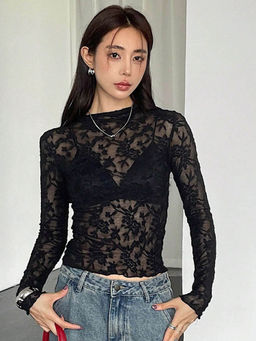 Outzidr - Black Full Sleeve Semi Sheer Top