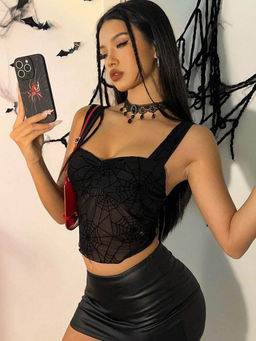 Outzidr - Black Shoulder Strap Semi Sheer Corset Top