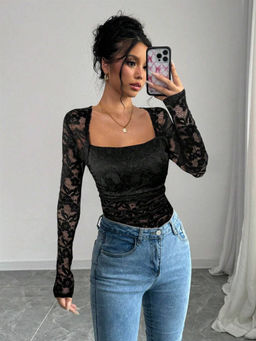 Outzidr - Black Full Mesh Sleeve Top
