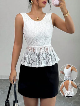 Outzidr - White Sleeveless Round Neck Mesh Top