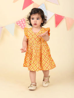 Fabindia - Yellow Cotton Hand Block Printed Dress