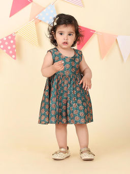 Fabindia - Teal Cotton Silk Hand Block Printed Dress