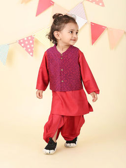 Fabindia - Purple Viscose Blend Printed Kurta with Dhoti & Jacket (Set of 3)