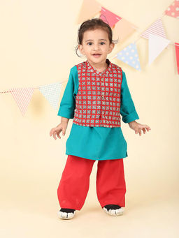 Fabindia - Teal Cotton Hand Block Printed Kurta with Pyjama & Nehru Jacket (Set of 3)