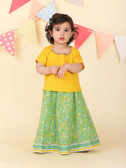 Fabindia - Yellow Cotton Hand Block Printed Lehenga and Choli (Set of 2)
