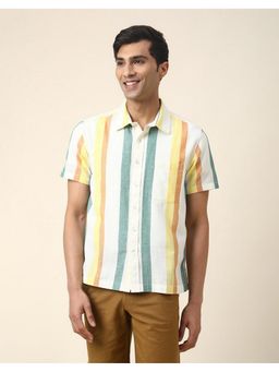 Fabindia - Men White Cotton Collar Neck Stripes Printed Shirt